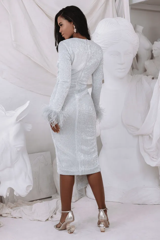 Women LongSleeve Dresses Lavish Alice ATHENA Draped Skirt Pleated Sequin Midi Dress In Silver Silver