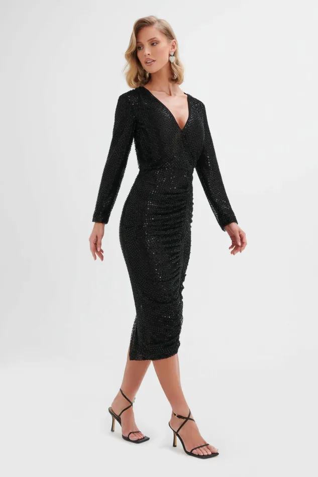 Women LongSleeve Dresses Lavish Alice SKYLAR Sequin Embellished Midi Dress In Black Black