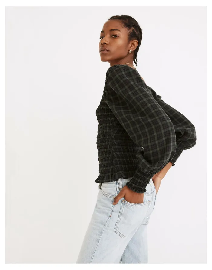 Women Lucie Bubble Sleeve Smocked Top In Plaid Forest Madewell Tops and Shirts