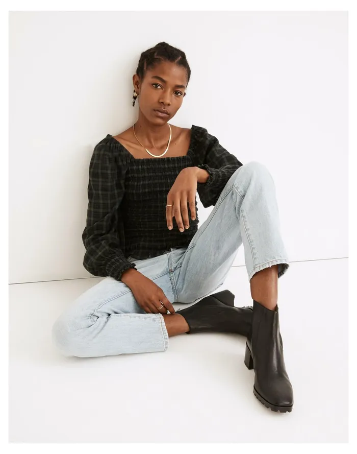 Women Lucie Bubble Sleeve Smocked Top In Plaid Forest Madewell Tops and Shirts Women Lucie Bubble Sleeve Smocked Top In Plaid Forest Madewell Tops and Shirts