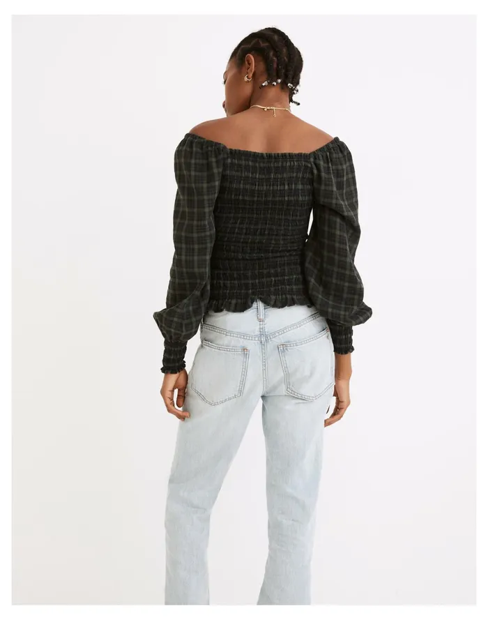 Women Lucie Bubble Sleeve Smocked Top In Plaid Forest Madewell Tops and Shirts Women Lucie Bubble Sleeve Smocked Top In Plaid Forest Madewell Tops and Shirts