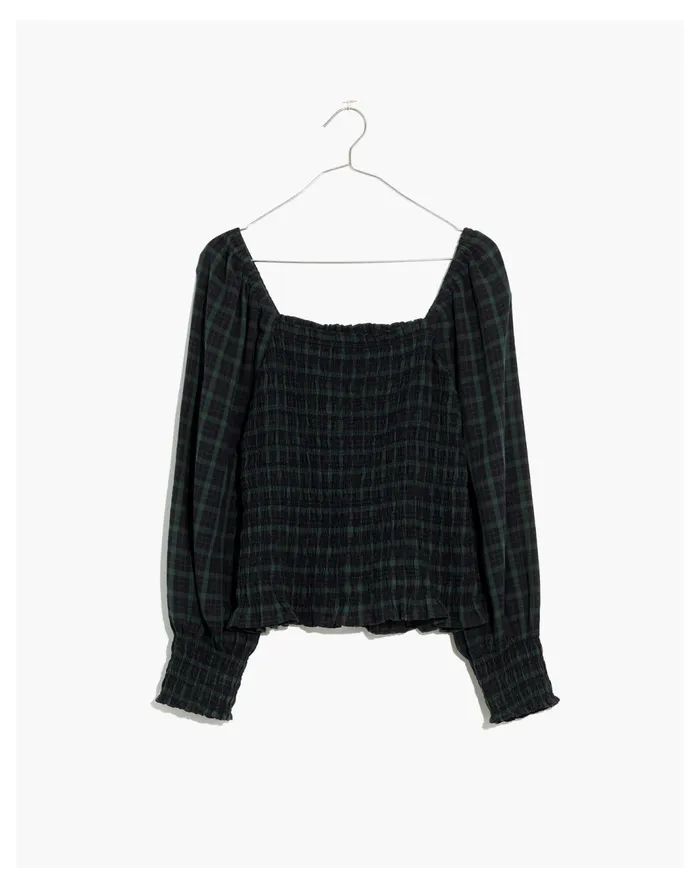 Women Lucie Bubble Sleeve Smocked Top In Plaid Forest Madewell Tops and Shirts Women Lucie Bubble Sleeve Smocked Top In Plaid Forest Madewell Tops and Shirts