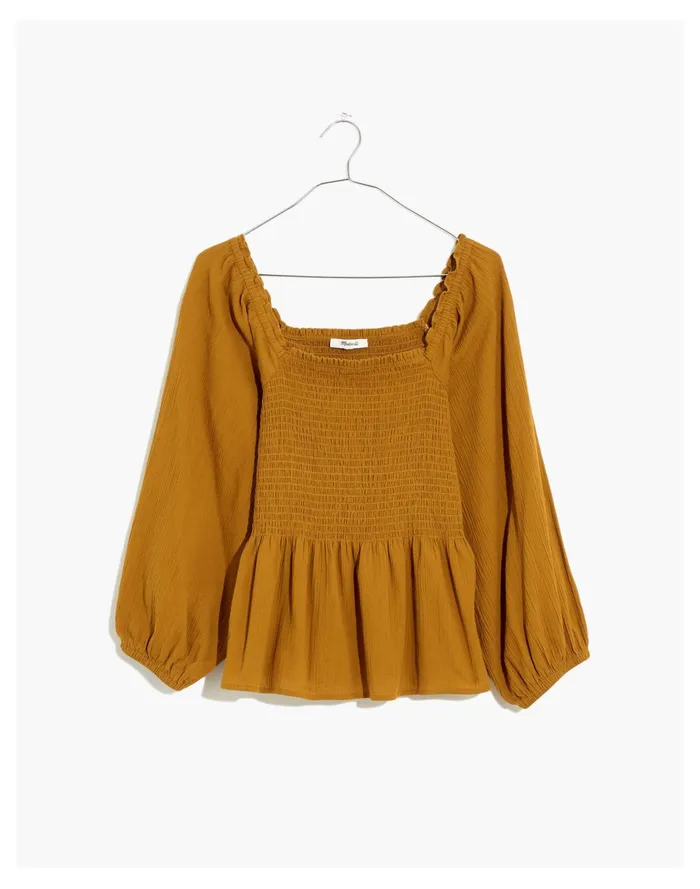 Women Lucie Smocked Peplum Top Antique Gold Madewell Tops and Shirts Women Lucie Smocked Peplum Top Antique Gold Madewell Tops and Shirts