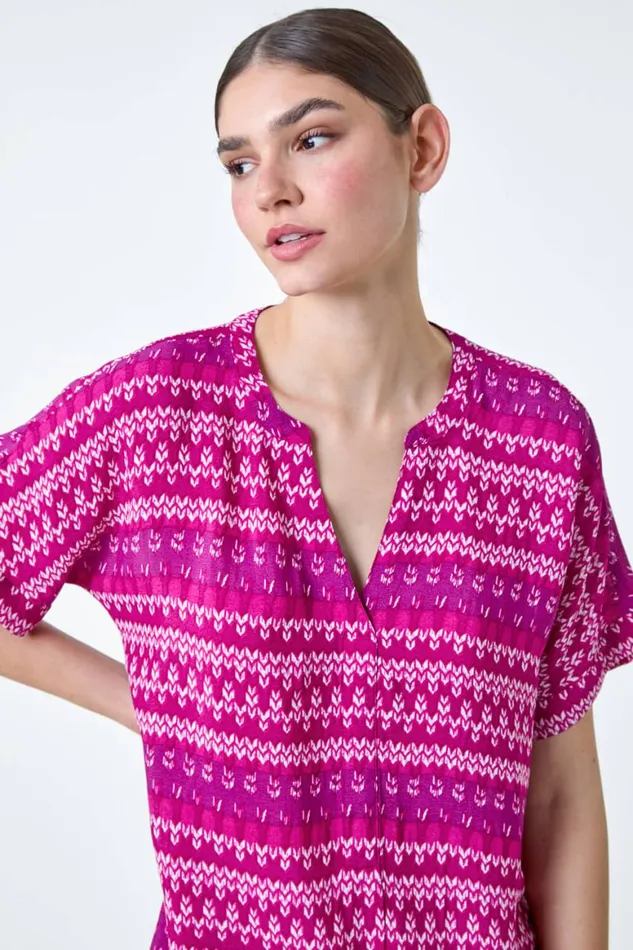 Women Magenta Aztec Stripe Print Woven Top Roman Tops