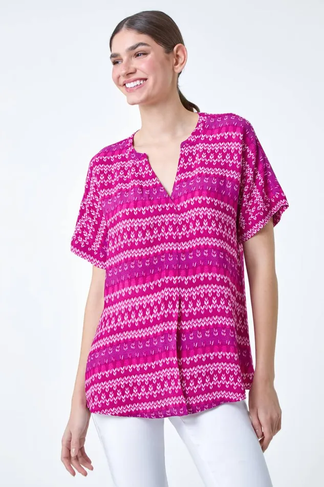 Women Magenta Aztec Stripe Print Woven Top Roman Tops