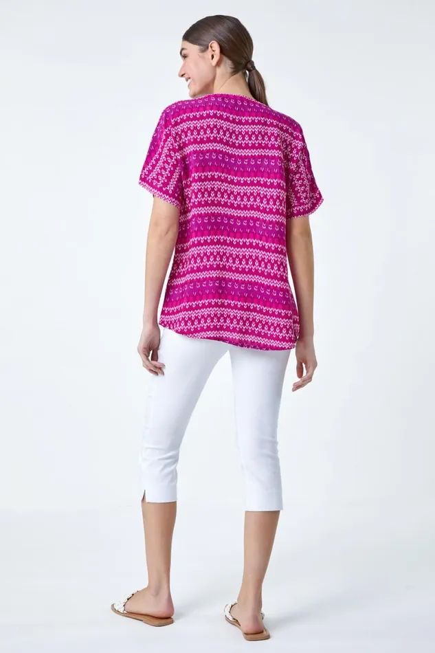 Women Magenta Aztec Stripe Print Woven Top Roman Tops