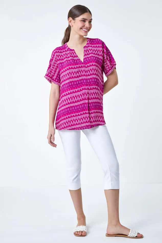 Women Magenta Aztec Stripe Print Woven Top Roman Tops