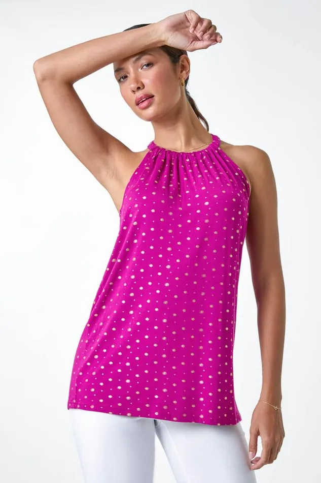 Women Magenta Metallic Foil Sun Halter Neck Top Roman Tops