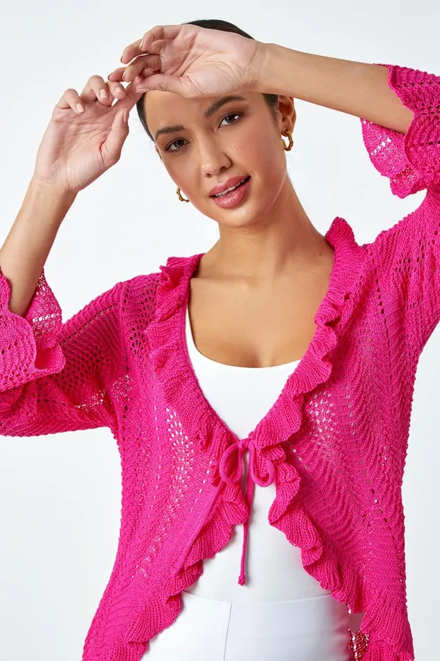 Women Magenta Pointelle Knit Frill Trim VNeck Cardigan Roman Knitwear
