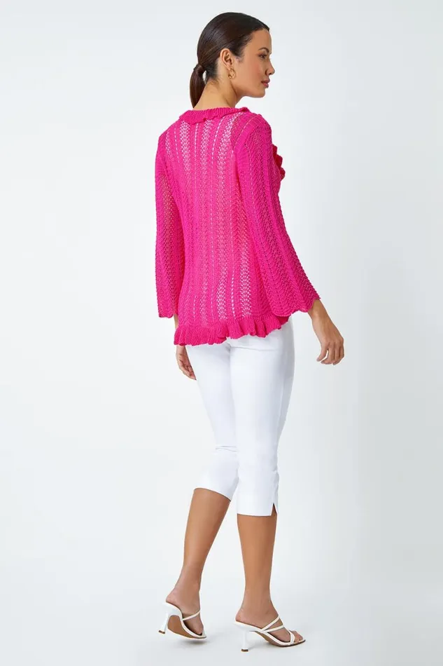 Women Magenta Pointelle Knit Frill Trim VNeck Cardigan Roman Knitwear