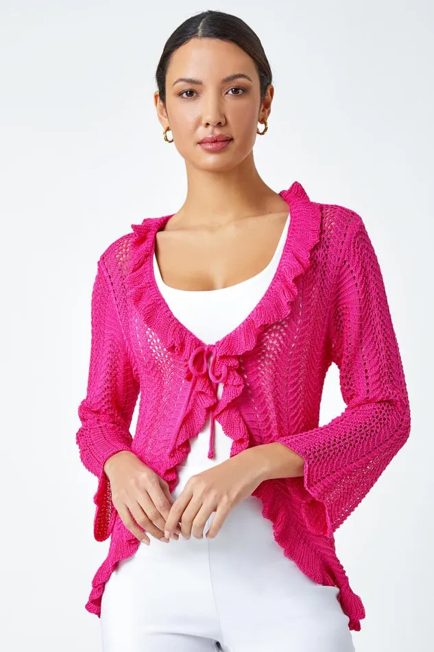 Women Magenta Pointelle Knit Frill Trim VNeck Cardigan Roman Knitwear