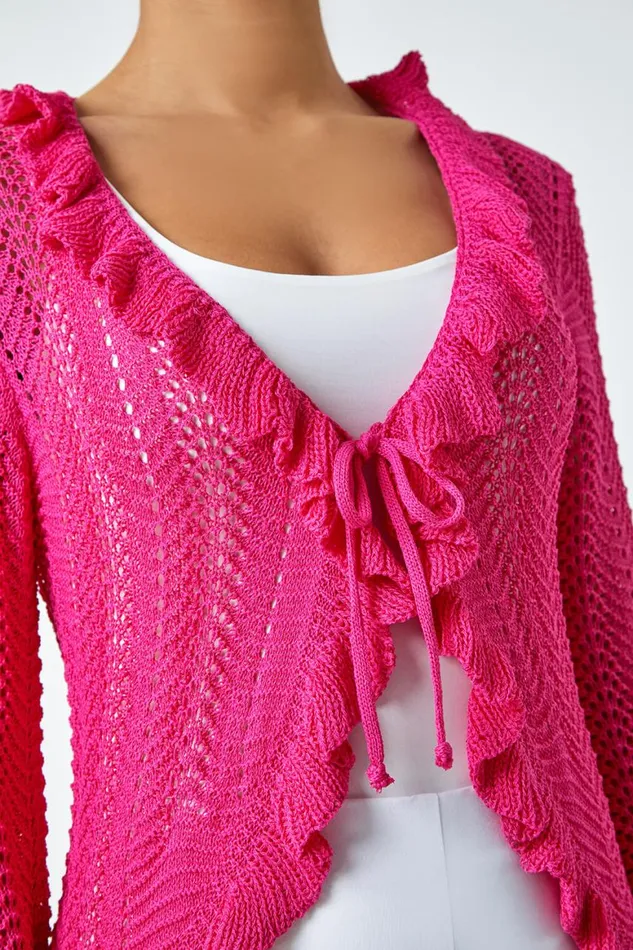 Women Magenta Pointelle Knit Frill Trim VNeck Cardigan Roman Knitwear