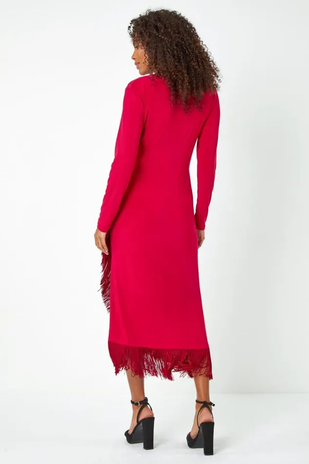 Women Magenta Tassel Trim Stretch Wrap Dress Roman Dresses