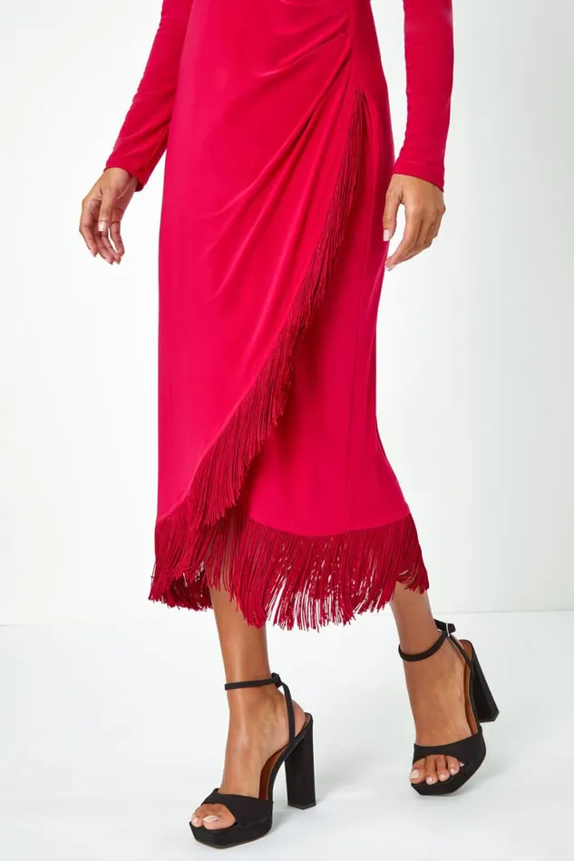 Women Magenta Tassel Trim Stretch Wrap Dress Roman Dresses
