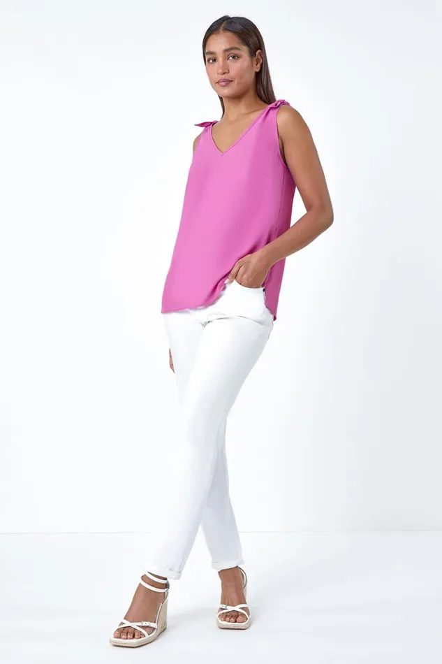 Women Magenta Tie Detail Strap Cami Top Roman Tops