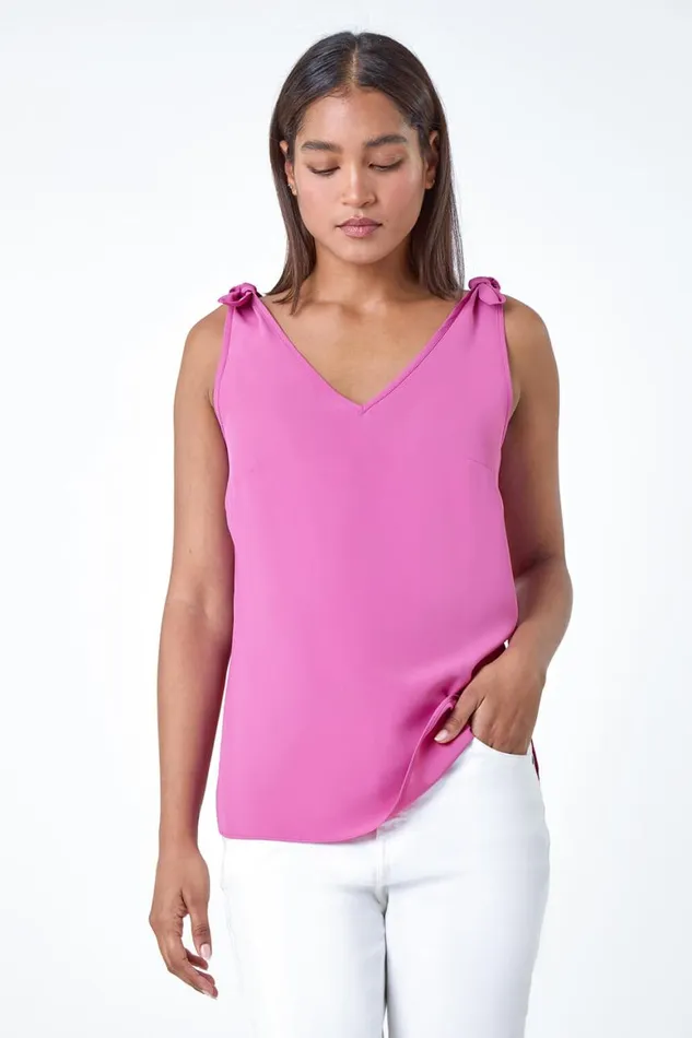 Women Magenta Tie Detail Strap Cami Top Roman Tops