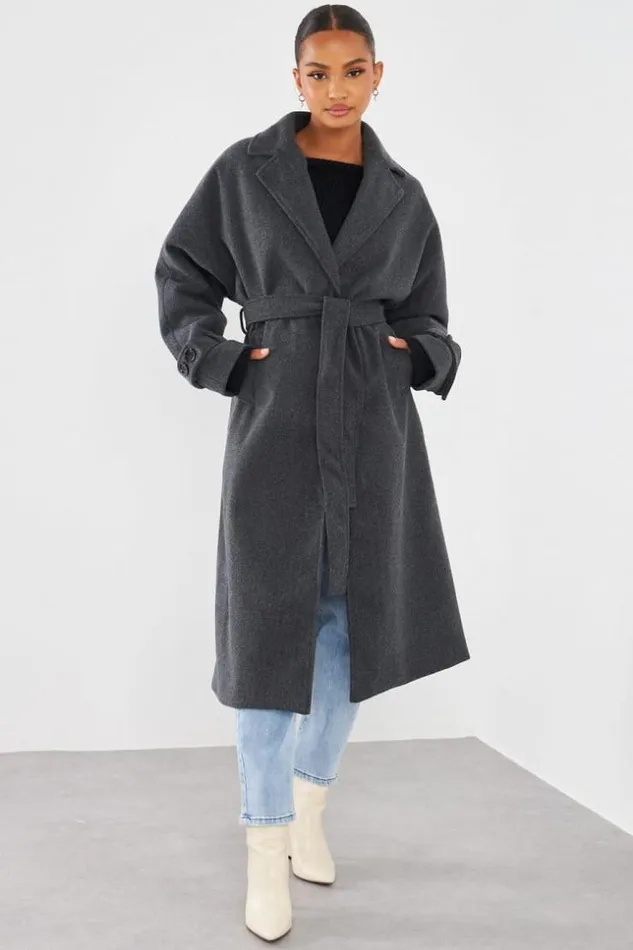 Women Manteau Long Ceintur Gris Fonc Grey Brentiny Paris Jackets