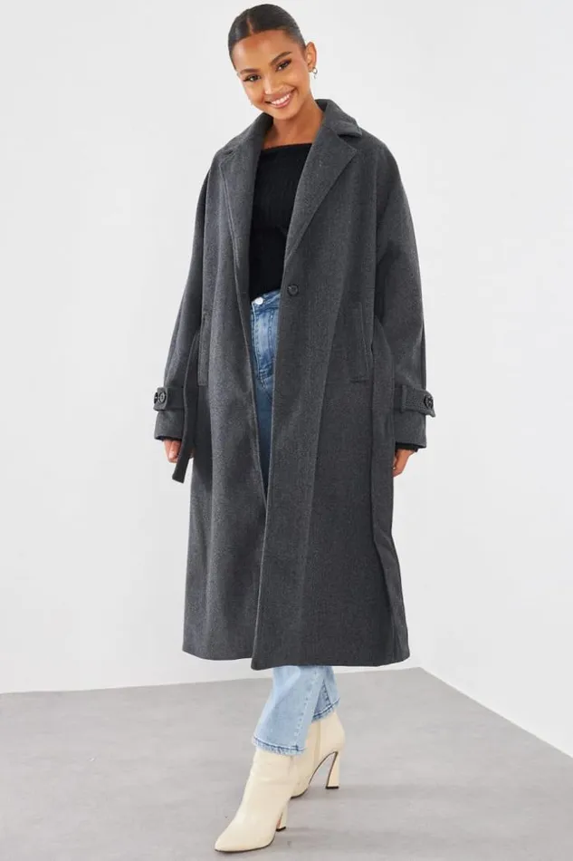Women Manteau Long Ceintur Gris Fonc Grey Brentiny Paris Jackets