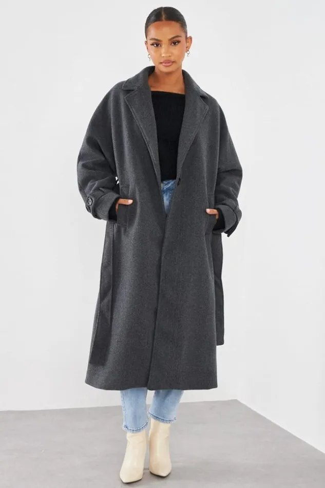 Women Manteau Long Ceintur Gris Fonc Grey Brentiny Paris Jackets