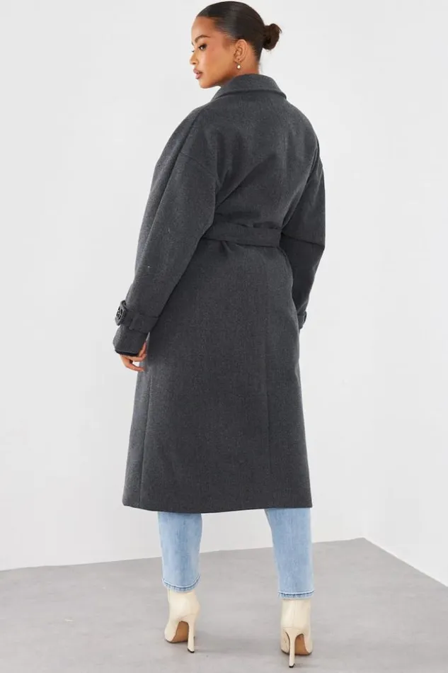 Women Manteau Long Ceintur Gris Fonc Grey Brentiny Paris Jackets