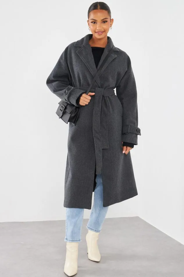 Women Manteau Long Ceintur Gris Fonc Grey Brentiny Paris Jackets