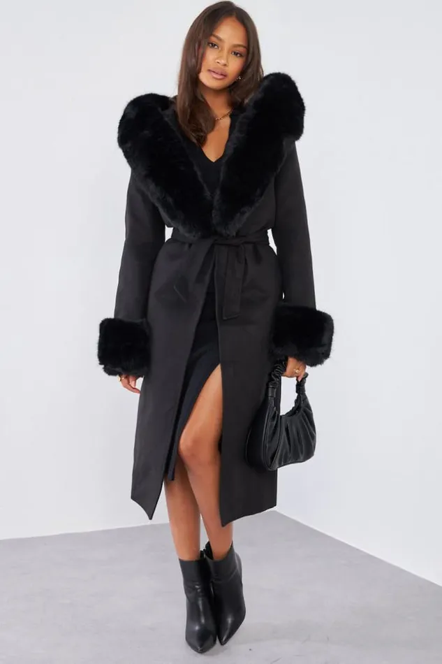 Women Manteau Noir Fourrure Black Brentiny Paris Coats