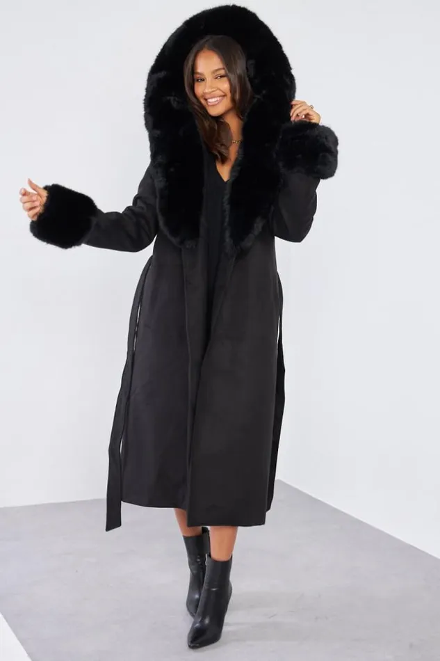 Women Manteau Noir Fourrure Black Brentiny Paris Coats