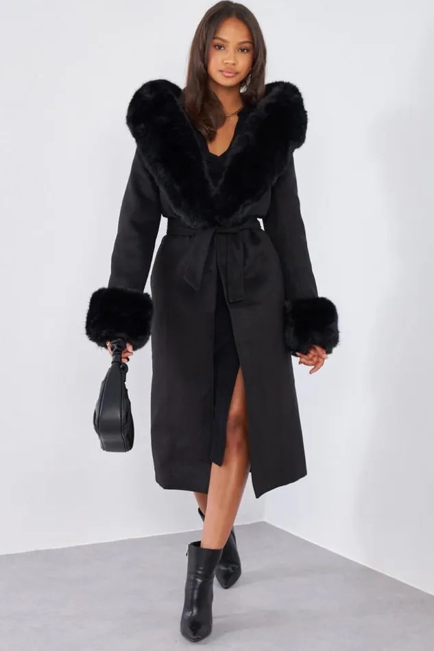 Women Manteau Noir Fourrure Black Brentiny Paris Coats