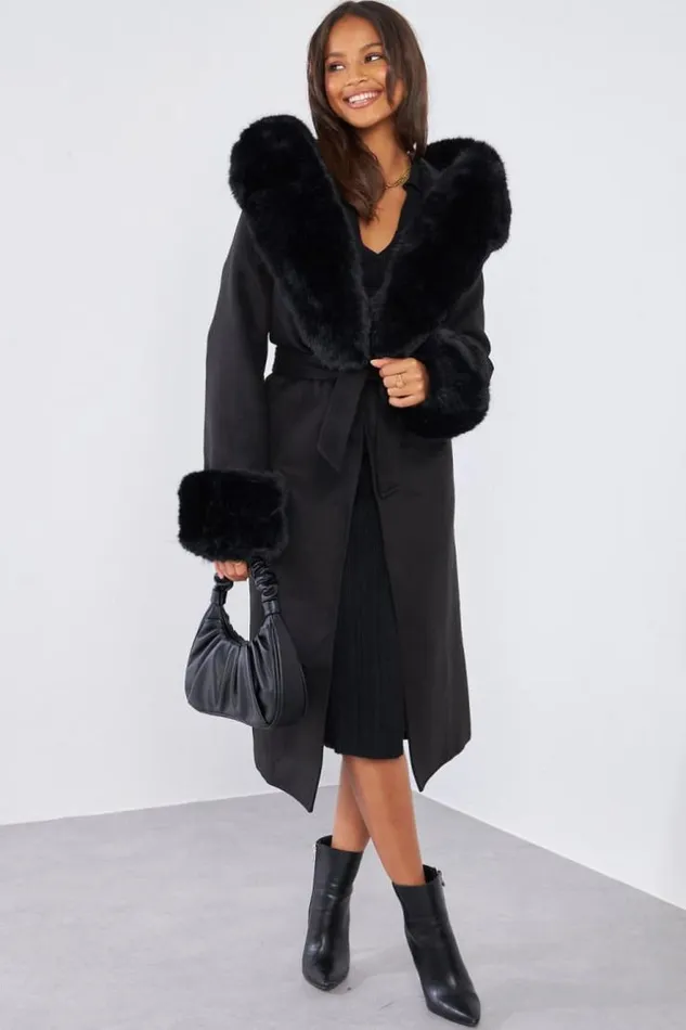 Women Manteau Noir Fourrure Black Brentiny Paris Coats