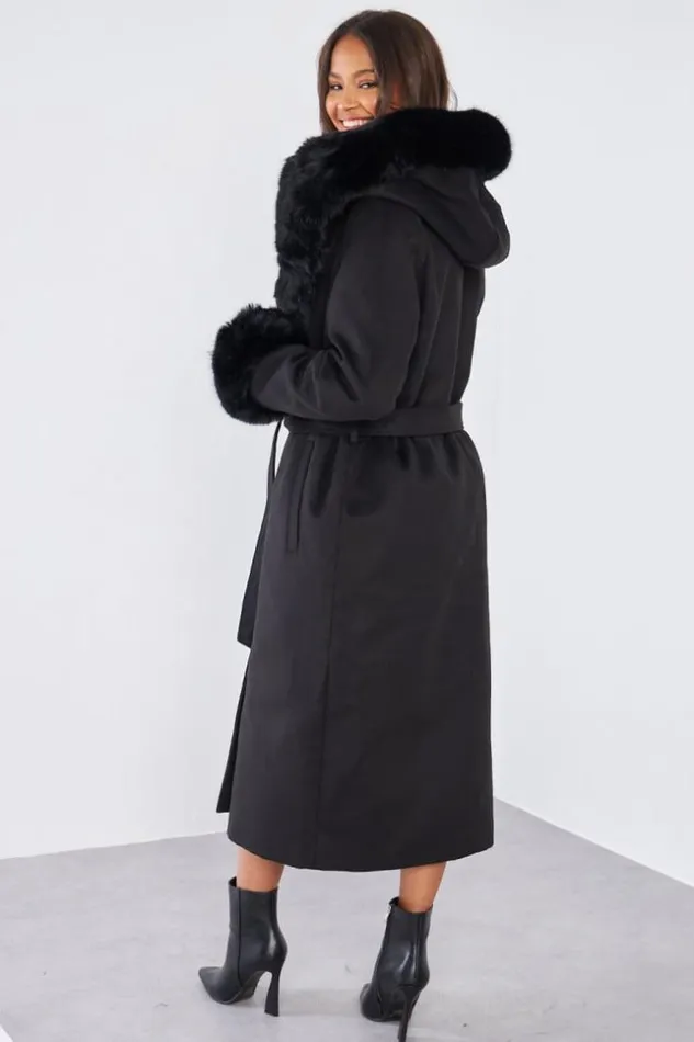 Women Manteau Noir Fourrure Black Brentiny Paris Coats