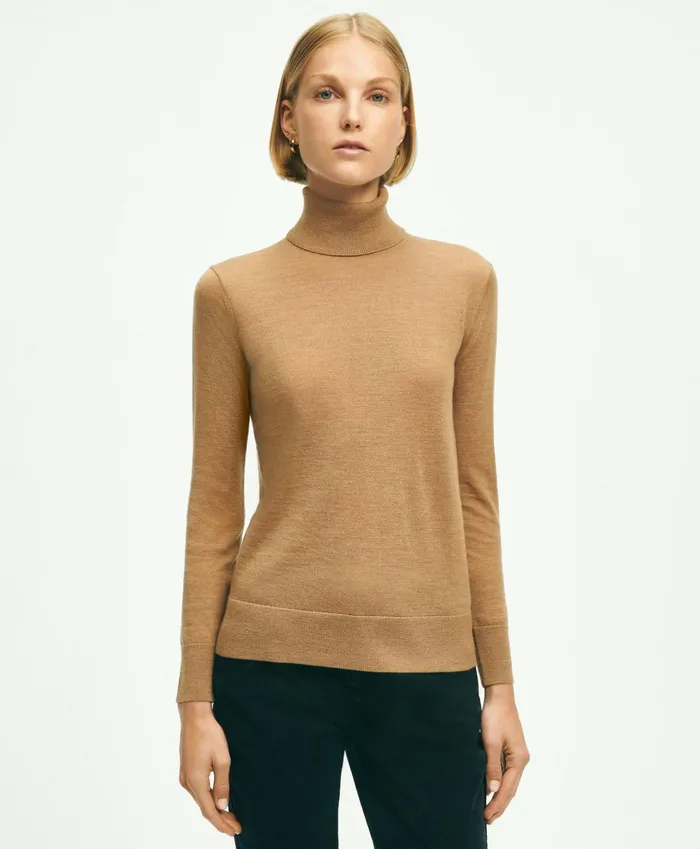 Women Merino Wool Turtleneck Camel Brooks Brothers Sweaters