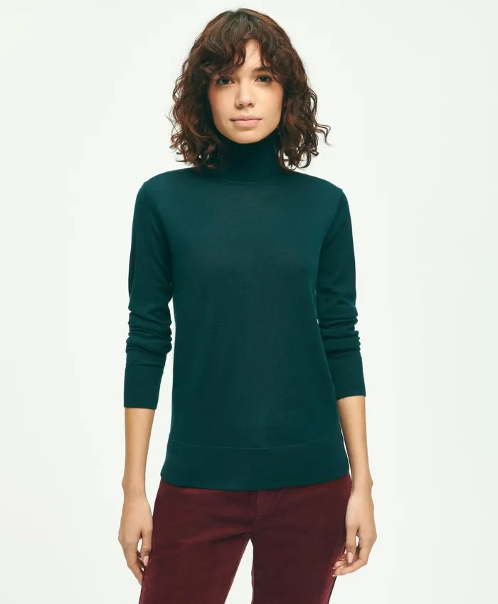 Women Merino Wool Turtleneck Dark Green Brooks Brothers Sweaters