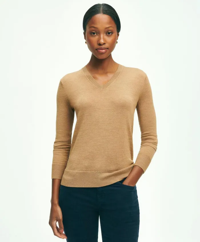 Women Merino Wool VNeck Sweater Camel Brooks Brothers Sweaters