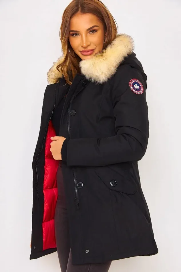 Women Mid Length Parka Jacket With Fur Hood In Black Black Brentiny Paris Parkas And Down Jackets