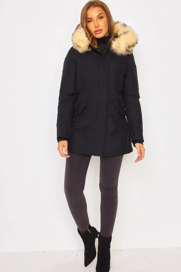 Women Mid Length Parka Jacket With Fur Hood In Black Black Brentiny Paris Parkas And Down Jackets