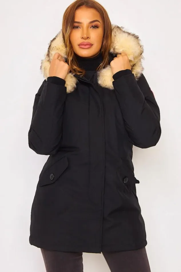 Women Mid Length Parka Jacket With Fur Hood In Black Black Brentiny Paris Parkas And Down Jackets