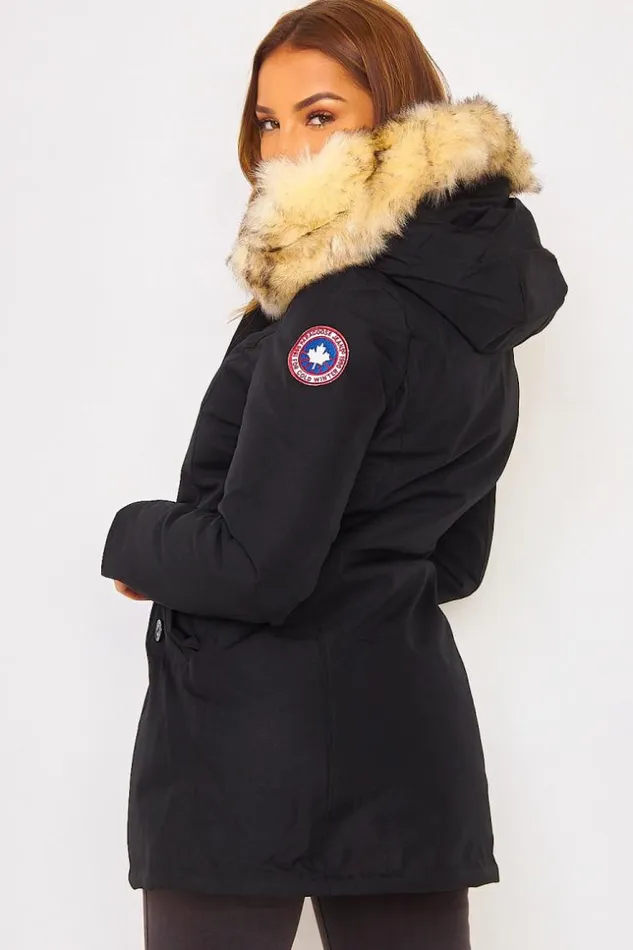 Women Mid Length Parka Jacket With Fur Hood In Black Black Brentiny Paris Parkas And Down Jackets