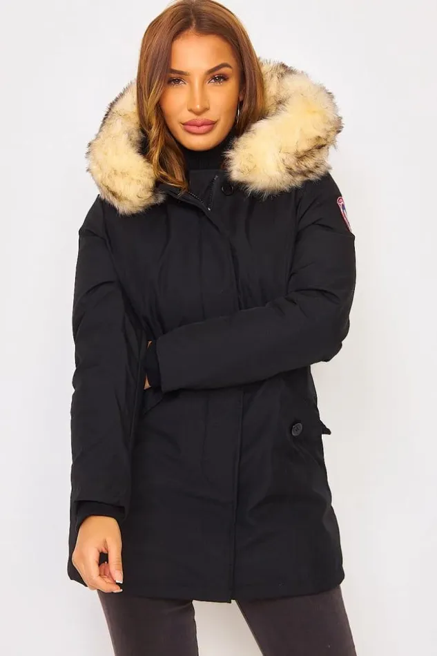 Women Mid Length Parka Jacket With Fur Hood In Black Black Brentiny Paris Parkas And Down Jackets
