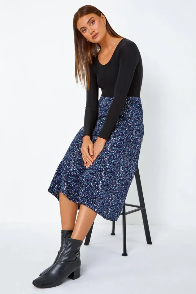 Women Midnight Blue Elastic Waist Textured Abstract ALine Skirt Roman Skirts