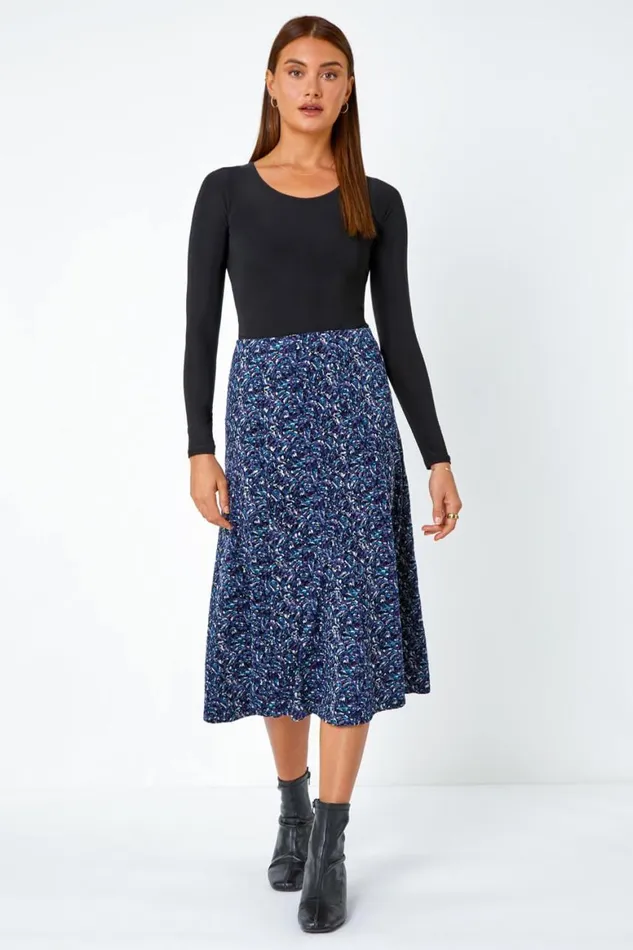 Women Midnight Blue Elastic Waist Textured Abstract ALine Skirt Roman Skirts