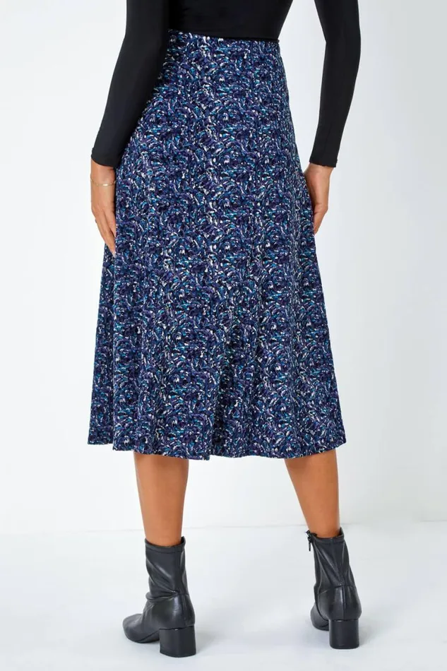 Women Midnight Blue Elastic Waist Textured Abstract ALine Skirt Roman Skirts