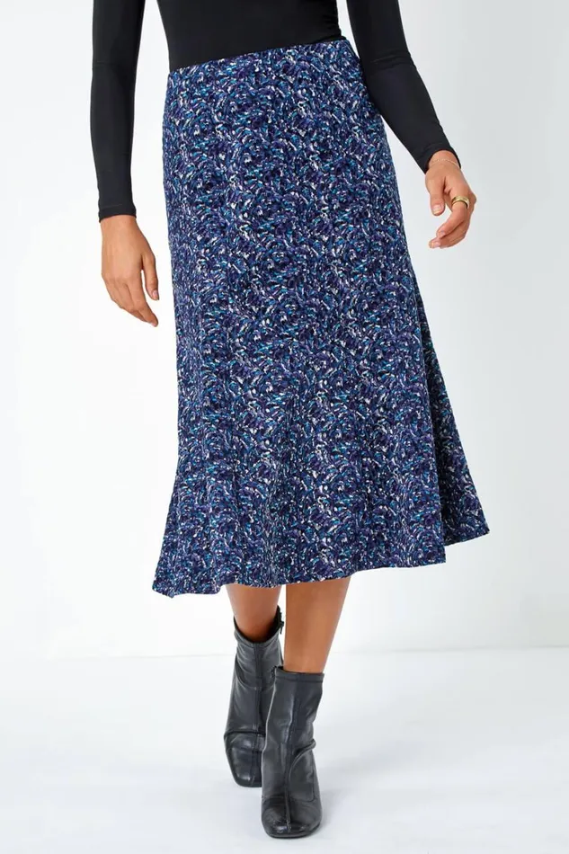 Women Midnight Blue Elastic Waist Textured Abstract ALine Skirt Roman Skirts