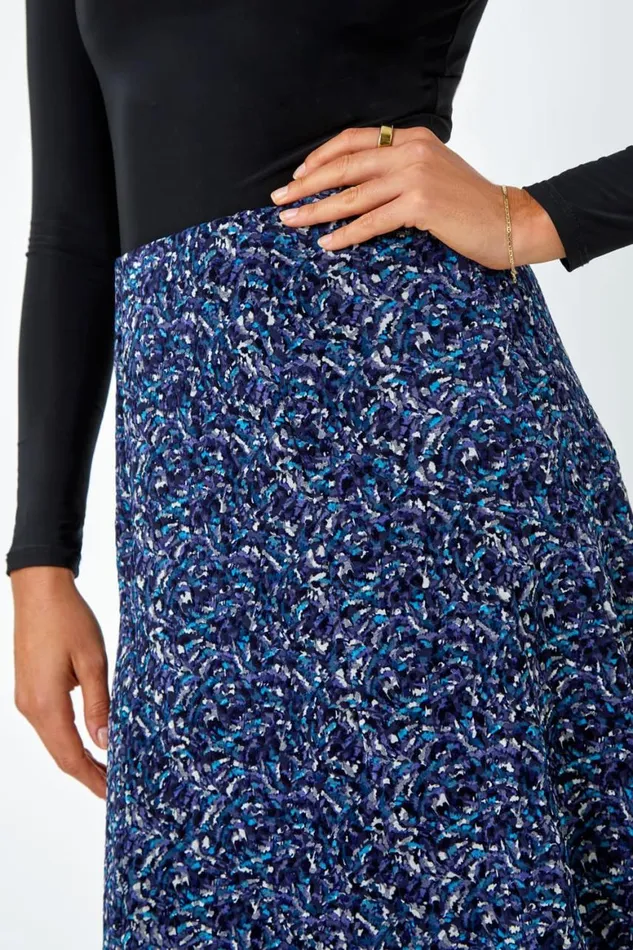 Women Midnight Blue Elastic Waist Textured Abstract ALine Skirt Roman Skirts