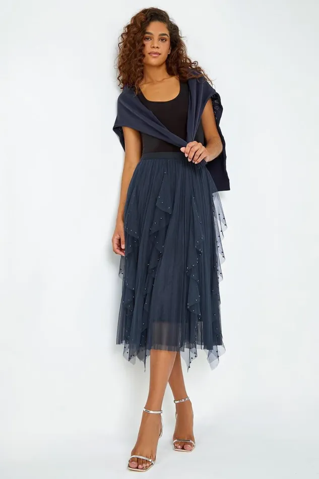 Women Midnight Blue Elasticated Pearl Mesh Layered Skirt Roman Skirts