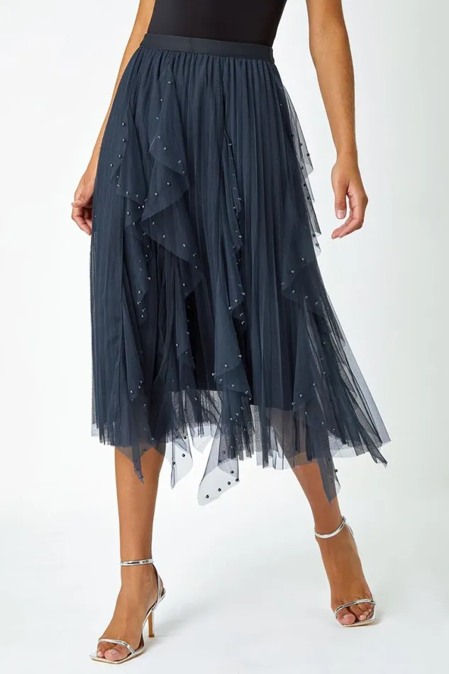 Women Midnight Blue Elasticated Pearl Mesh Layered Skirt Roman Skirts