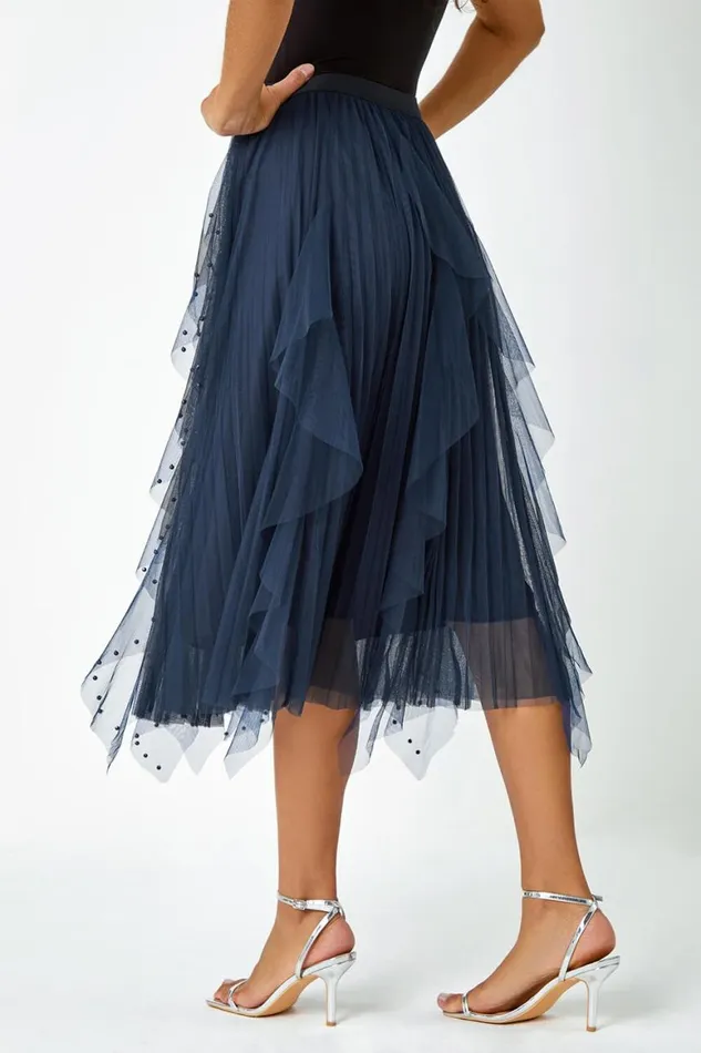 Women Midnight Blue Elasticated Pearl Mesh Layered Skirt Roman Skirts