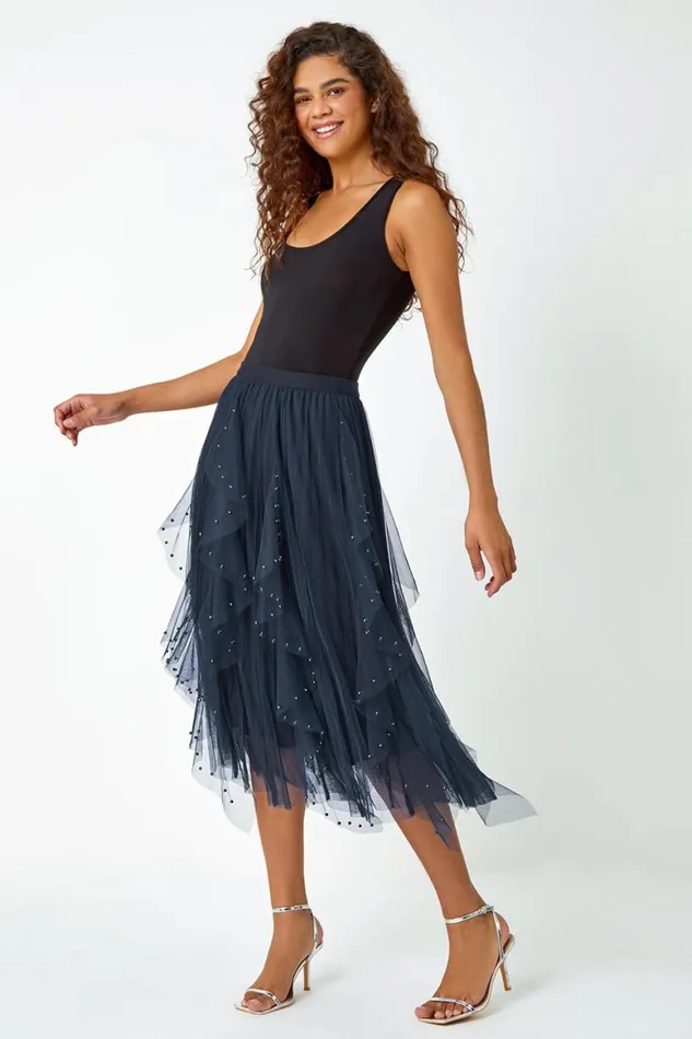 Women Midnight Blue Elasticated Pearl Mesh Layered Skirt Roman Skirts