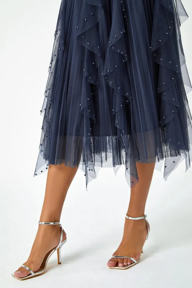 Women Midnight Blue Elasticated Pearl Mesh Layered Skirt Roman Skirts