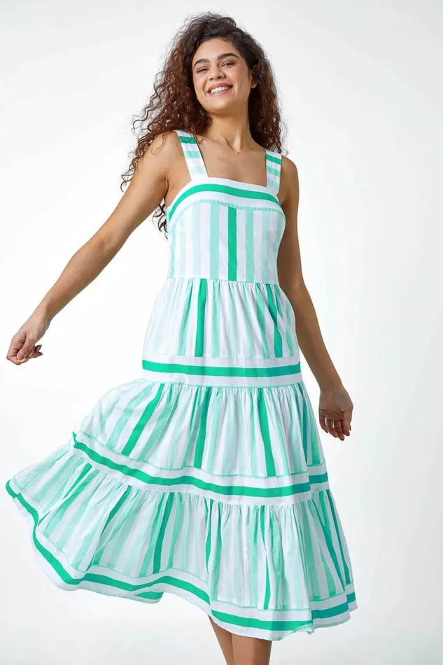 Women Mint Cotton Stripe Print Tiered Maxi Dress Roman Dresses