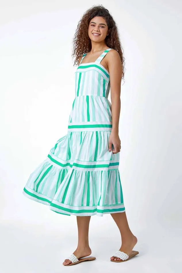 Women Mint Cotton Stripe Print Tiered Maxi Dress Roman Dresses